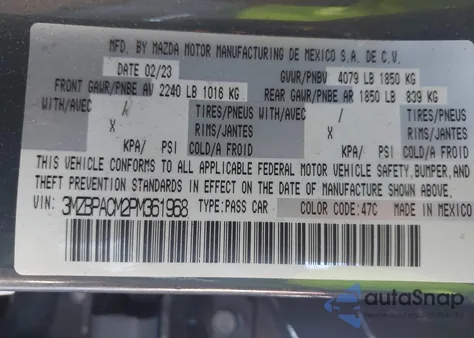 2023 Mazda Mazda3 from USA, damaged, VIN 3MZBPACM2PM361968